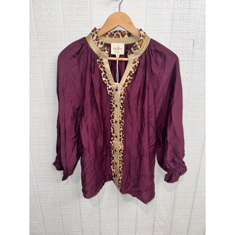 Umgee Blouse Women Burgundy Leopard Trim Gold Metallic Detail S C5578